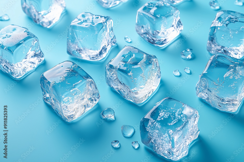 Clear ice cubes scattered against a light blue background, top view Clear ice cubes scattered against a light blue background, top view