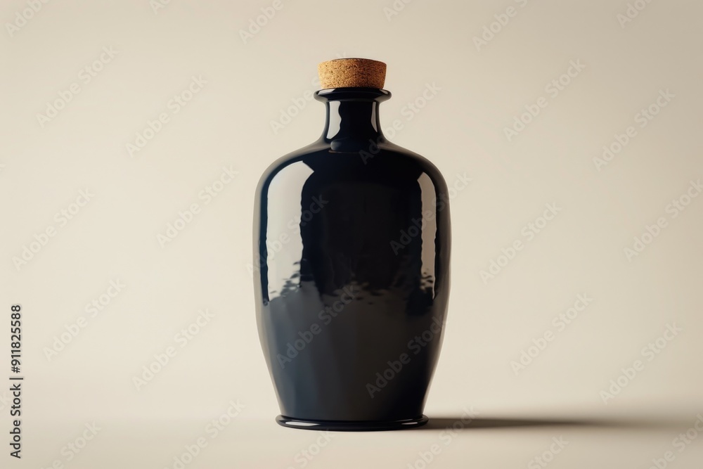 A black glass bottle with a cork stopper, perfect for storing liquids or decorations A black glass bottle with a cork stopper, perfect for storing liquids or decorations