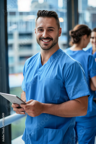 A middle-aged, bearded, middle-aged doctor, surgeon, nurse in a blue scrubs holding a tablet, smiling and with a candid look on his face.