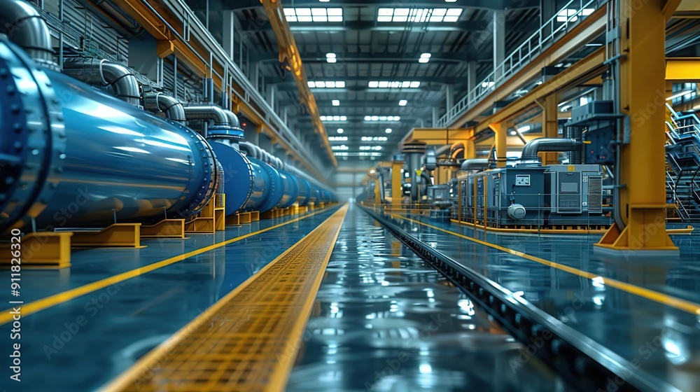 Obraz premium Industrial Factory Interior 3D Render - Blue Pipes and Yellow Beams