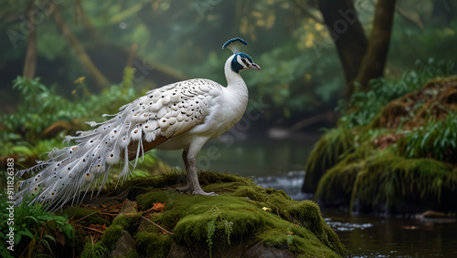 white peacock on the river bank