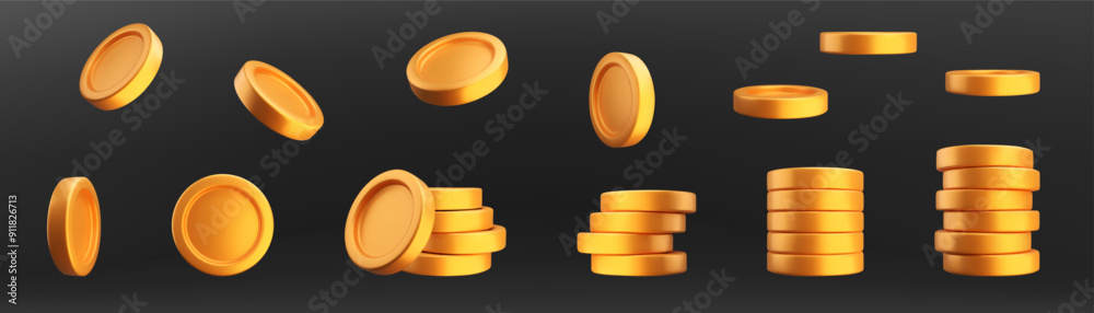 3D realistic golden coins pile. Set of different stacks of gold money ...