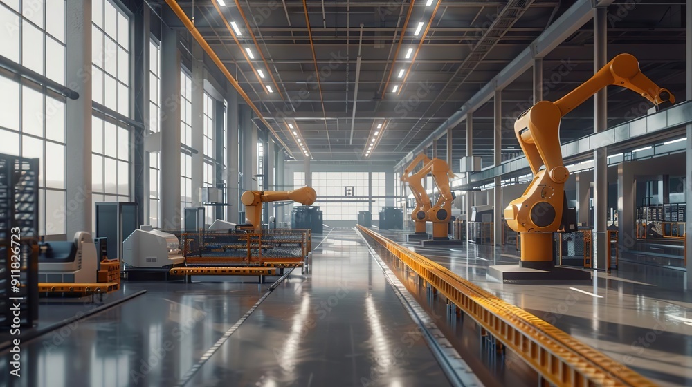 Fototapeta premium Industrial Automation Factory with Robotic Arms 3D Illustration