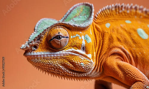 Chameleon in Apricot Color on an Orange Background