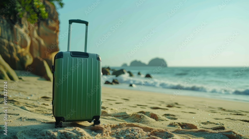 Modern green suitcase in the sand, in front of a beach generative ai Modern green suitcase in the sand, in front of a beach generative ai