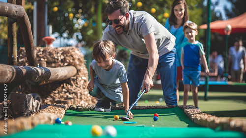 Family playing minigolf on a colorful course with obstacles, surrounded by greenery on a sunny day. photo