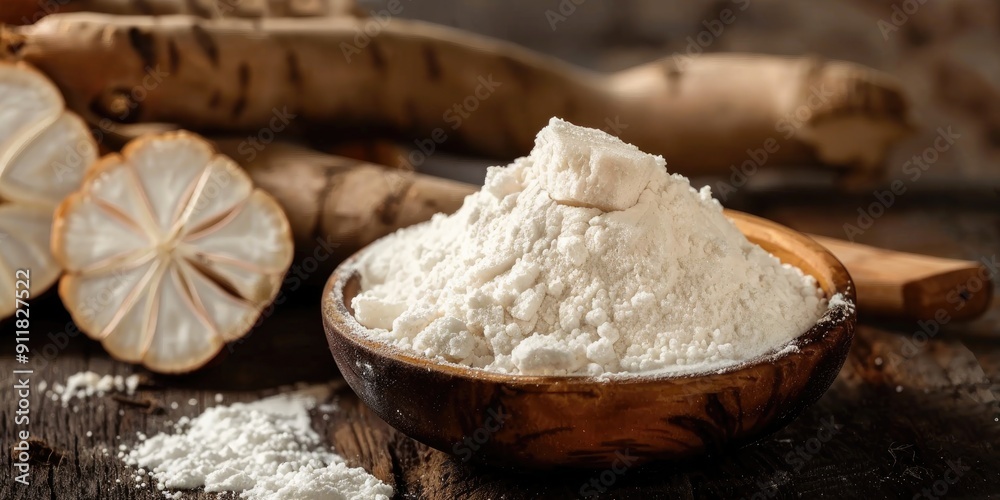 Tapioca Starch in Brown Wooden Spoon and Bowl with Dry Cassava Root Organic Tapioca Starch or Flour Powder Tapioca Starch in Brown Wooden Spoon and Bowl with Dry Cassava Root Organic Tapioca Starch or Flour Powder