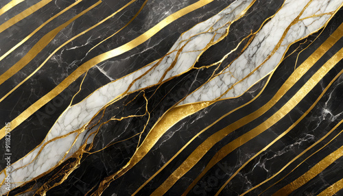 Abstract luxurious black and white marble and porcelain surface or wall texture, background or wallpaper with shiny gold wavy stripes and golden veins and lines.