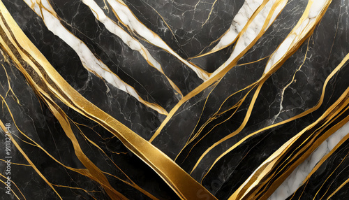 Abstract luxurious black and white marble and porcelain surface or wall texture, background or wallpaper with shiny gold wavy stripes and golden veins and lines.