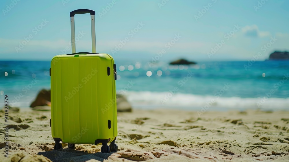 Modern lime suitcase in the sand, in front of a beach, generative ai Modern lime suitcase in the sand, in front of a beach, generative ai