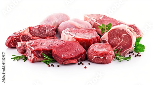 Fresh meat on a white background. Fresh meat of different types.