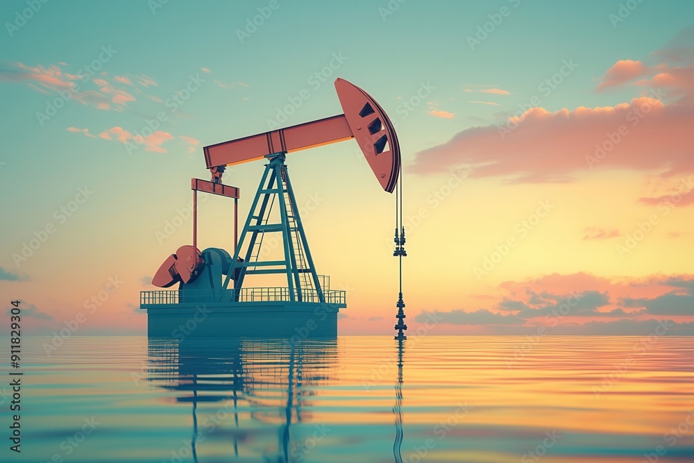 A serene oil pump jack stands in calm waters under a colorful sunset, symbolizing energy and industry. A serene oil pump jack stands in calm waters under a colorful sunset, symbolizing energy and industry.