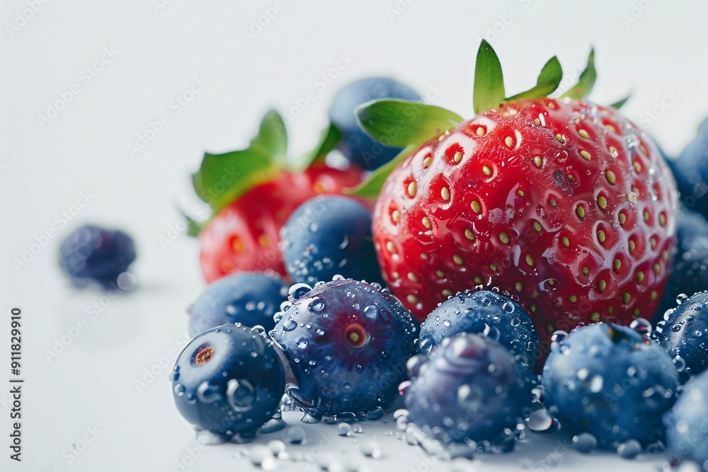 Frozen blueberries and raspberries on white background close up
