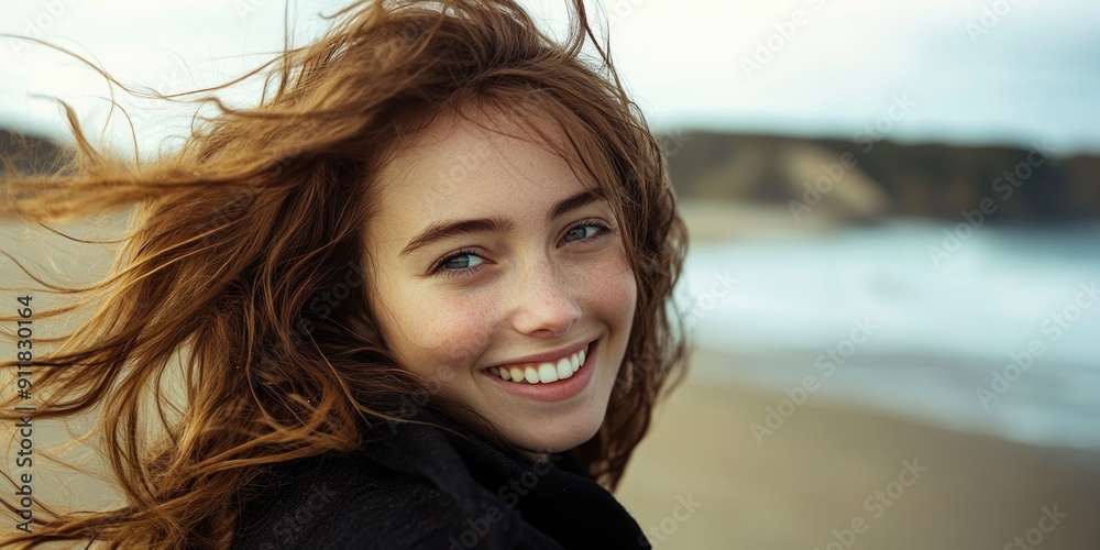 A woman with long red hair is sitting on a beach, enjoying the scenery A woman with long red hair is sitting on a beach, enjoying the scenery