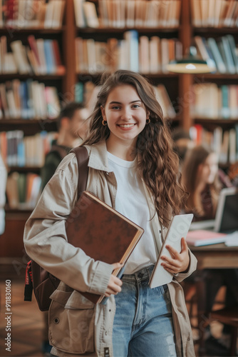 A high school student back to school holding books in a school hallway.