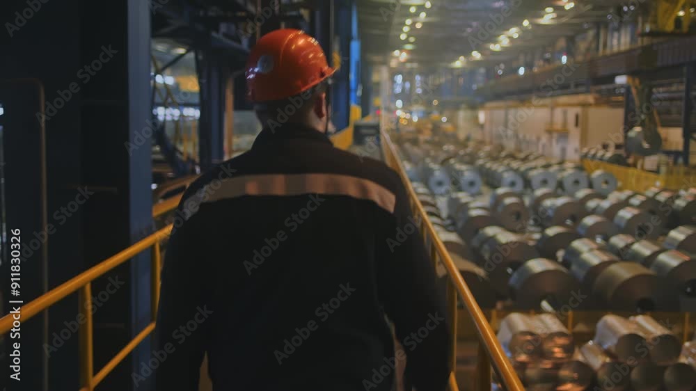 A man in overalls and a helmet walks through the plant.