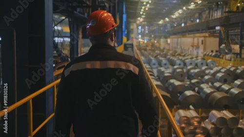 A man in overalls and a helmet walks through the plant.