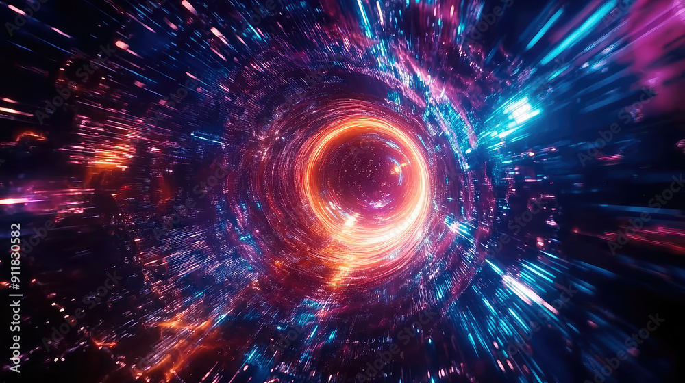 Obraz premium A spaceship is speeding at light speed through a holographic galactic vortex. Generative AI