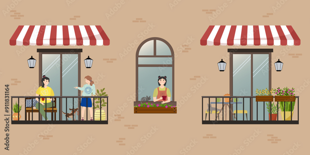 Apartment building facade with balconies and windows. Mother and daughter on the balcony. Teenager playing with a puppy. Girl with a cup by the window. Balcony with a coffee table and stools. Plants Apartment building facade with balconies and windows. Mother and daughter on the balcony. Teenager playing with a puppy. Girl with a cup by the window. Balcony with a coffee table and stools. Plants