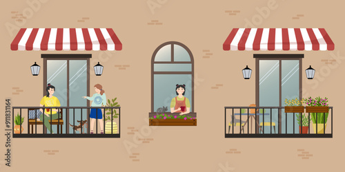 Apartment building facade with balconies and windows. Mother and daughter on the balcony. Teenager playing with a puppy. Girl with a cup by the window. Balcony with a coffee table and stools. Plants