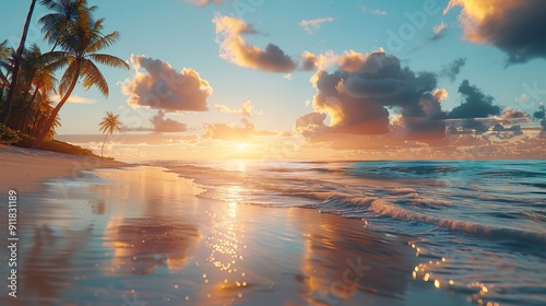 Sunset rays scatter across the beach with sparkling reflections on the wet sand, flanked by lush foliage