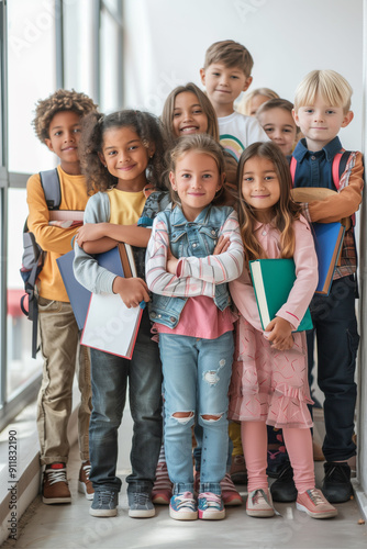 A group of multiethnic children carrying backpacks, school supplies stand smiling as they return to class at school.
