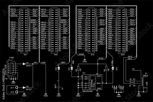 Schematic diagram of electronic device on sheet of paper. Vector drawing electrical circuit with usb connector,
resistor, integrated circuit, memory chip, 
diode, microcontroller, other components.