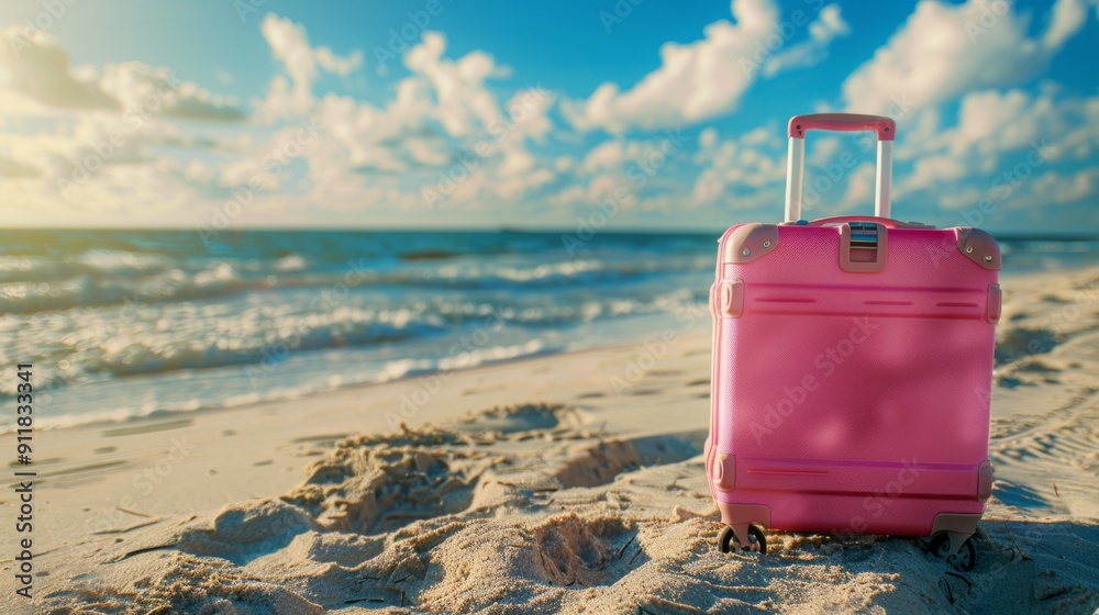 Modern pink suitcase in the sand, in front of a beach, generative ai Modern pink suitcase in the sand, in front of a beach, generative ai