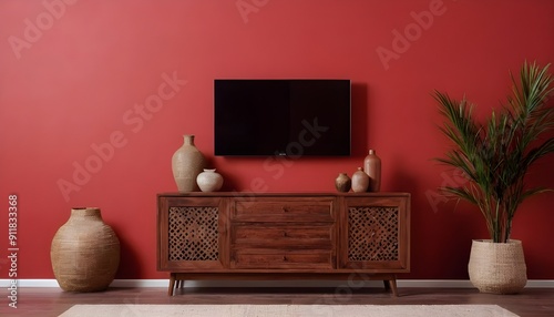 wooden cabinet and accessories decor in living room interior on empty soft red wall background., 