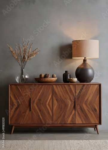 Wooden cabinet and accessories decor in living room interior on empty soft grey wall background.