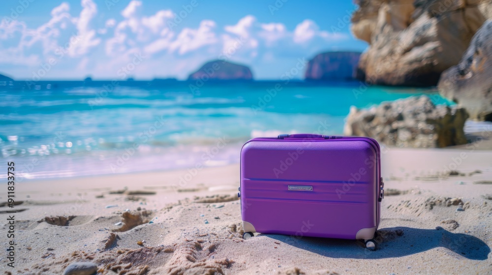Modern purple suitcase in the sand, in front of a beach, generative ai Modern purple suitcase in the sand, in front of a beach, generative ai