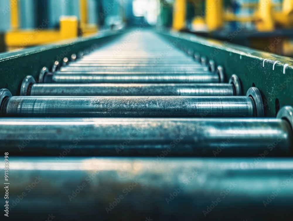 A conveyor belt transporting multiple rolls of steel in an industrial setting A conveyor belt transporting multiple rolls of steel in an industrial setting