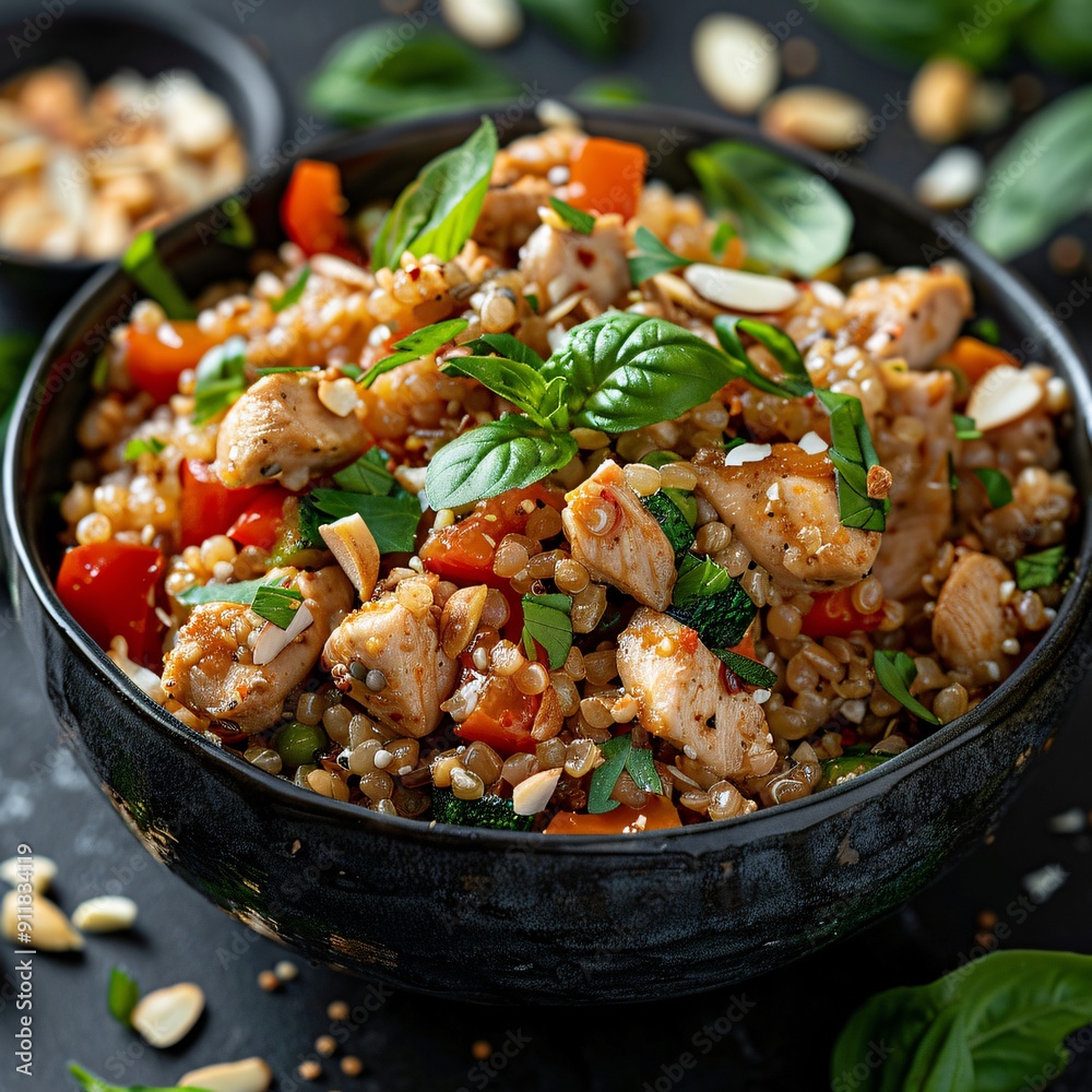 Chicken and Quinoa Bowl with Basil and Almonds Chicken and Quinoa Bowl with Basil and Almonds