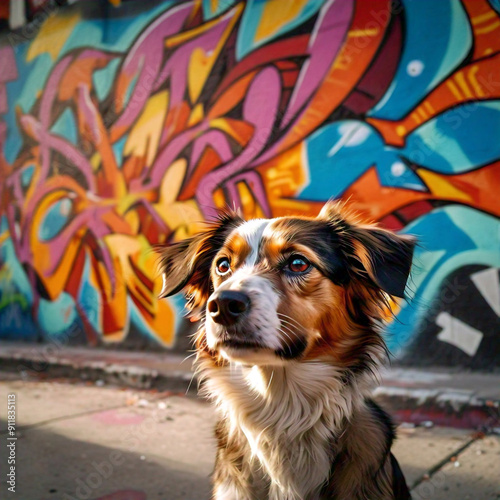 A close-up shot of a dog sitting in front of a colorful graffiti wall, with a curious expression, in a lively city setting, during the late afternoon, shot with a Leica Q2, 28mm lens, rich colors. photo