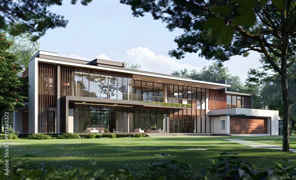 Modern house with large windows and wooden accents, white walls, and a modern architectural style. There is green grass in front of the building, trees on both sides, a landscape design rendering. Modern house with large windows and wooden accents, white walls, and a modern architectural style. There is green grass in front of the building, trees on both sides, a landscape design rendering.