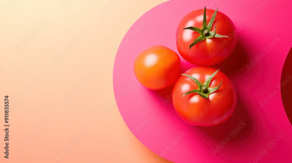 Three red tomatoes on a pink surface. Three red tomatoes on a pink surface.