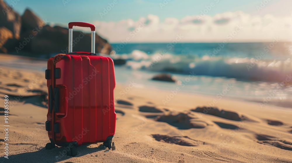 Modern red suitcase in the sand, in front of a beach generative ai Modern red suitcase in the sand, in front of a beach generative ai
