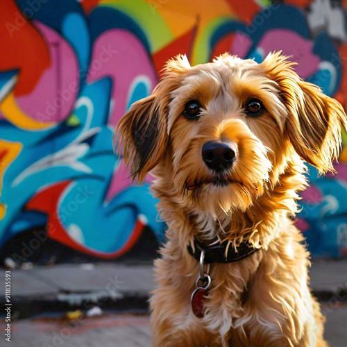 A close-up shot of a dog sitting in front of a colorful graffiti wall, with a curious expression, in a lively city setting, during the late afternoon, shot with a Leica Q2, 28mm lens, rich colors. photo