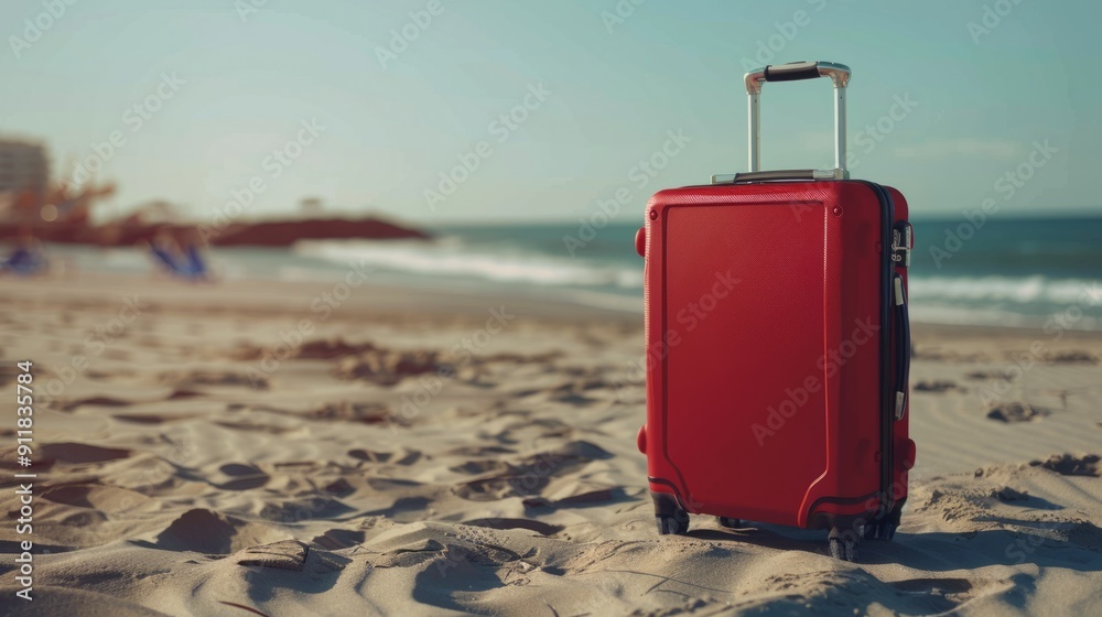 Modern red suitcase in the sand, in front of a beach generative ai Modern red suitcase in the sand, in front of a beach generative ai