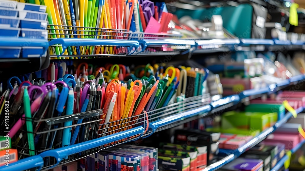 Naklejka premium Vibrant Assortment of Discounted Office Supplies on Store Shelves