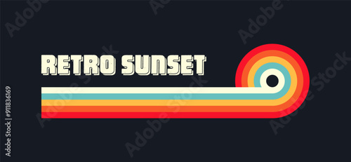 Vintage sunset collection. Various colorful striped sunrise badges in 80s and 90s style. Sun and ocean view, summer vibes, surfing. Design element for print, logo or t-shirt. Vector illustration