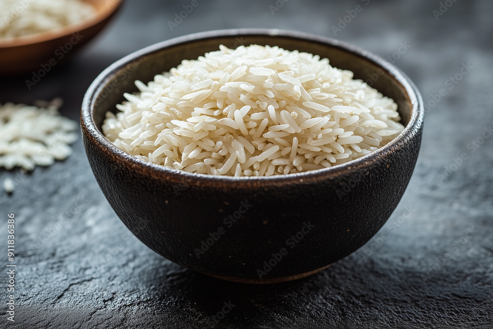 Close-up of a bowl filled with uncooked white rice on a dark, textured background, emphasizing food and simplicity Close-up of a bowl filled with uncooked white rice on a dark, textured background, emphasizing food and simplicity
