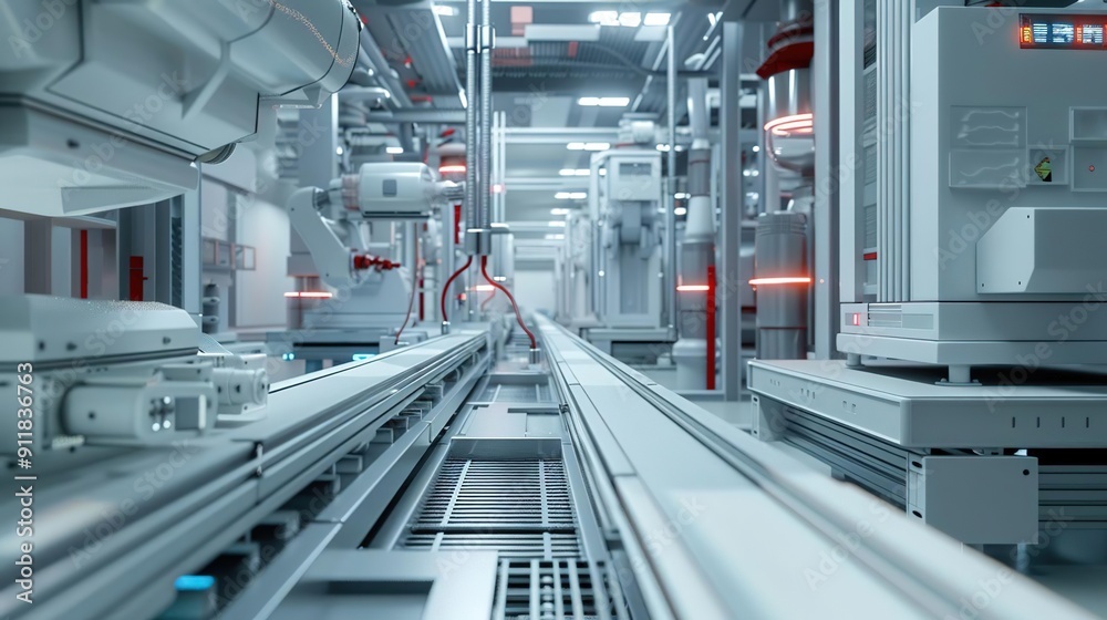 3D Render of a Futuristic Industrial Assembly Line with Automated Robots and Conveyors 3D Render of a Futuristic Industrial Assembly Line with Automated Robots and Conveyors