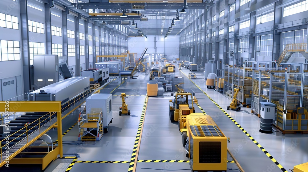 3D Illustration of a Modern Factory Interior with Forklifts and Automated Systems 3D Illustration of a Modern Factory Interior with Forklifts and Automated Systems