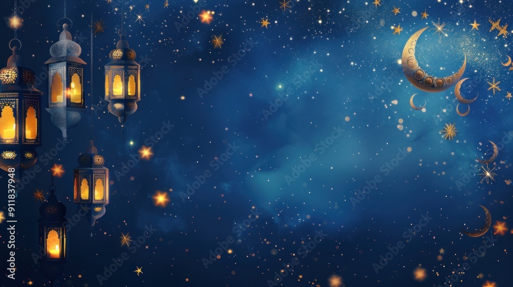 Fototapeta premium Festive lanterns and a crescent moon against a starry night sky.