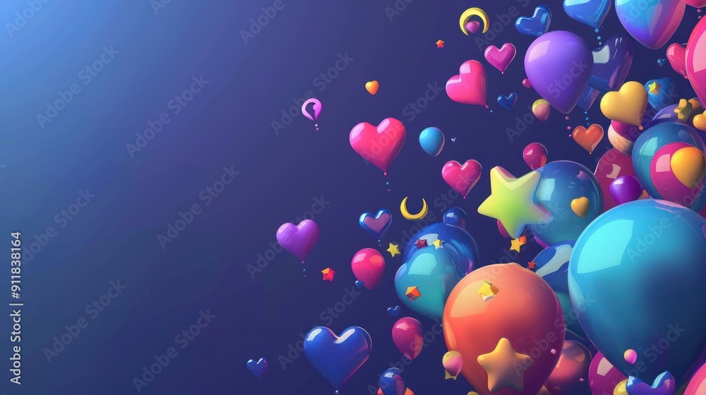 Colorful heart and star balloons floating on blue background. Colorful heart and star balloons floating on blue background.