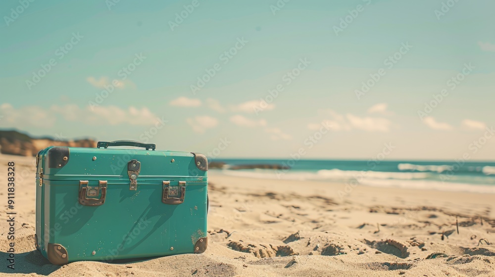 Modern teal suitcase in the sand, in front of a beach generative ai Modern teal suitcase in the sand, in front of a beach generative ai