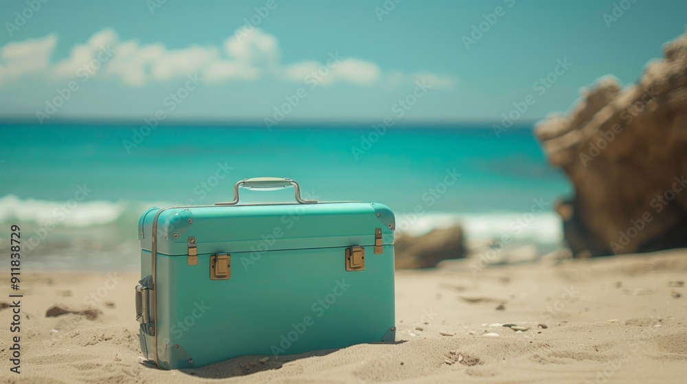 Modern turquoise suitcase in the sand, in front of a beach generative ai Modern turquoise suitcase in the sand, in front of a beach generative ai
