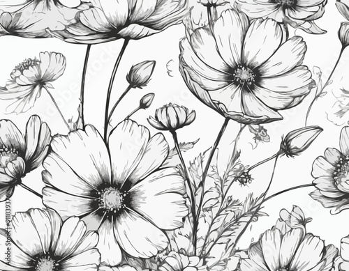 Vector Cosmos floral botanical flowers. Black and white engraved ink art. Isolated cosmea illustration
