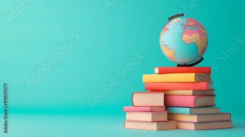 Abstract stack of books with globe 3d illustration with world book day white on background